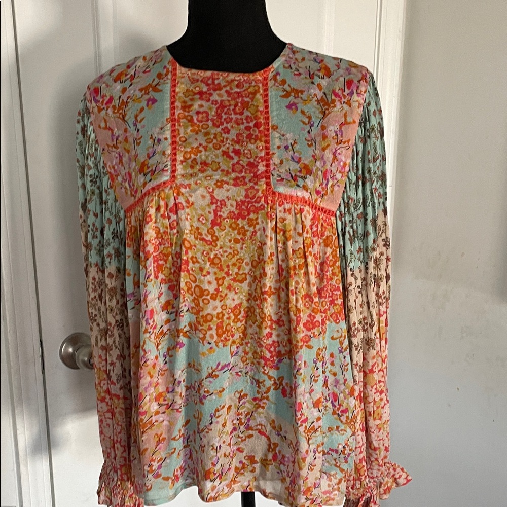 Bla-nk Miranda Peasant Blouse Floral Patchwork Size S Boho Babydoll Ruffled - Picture 3 of 12